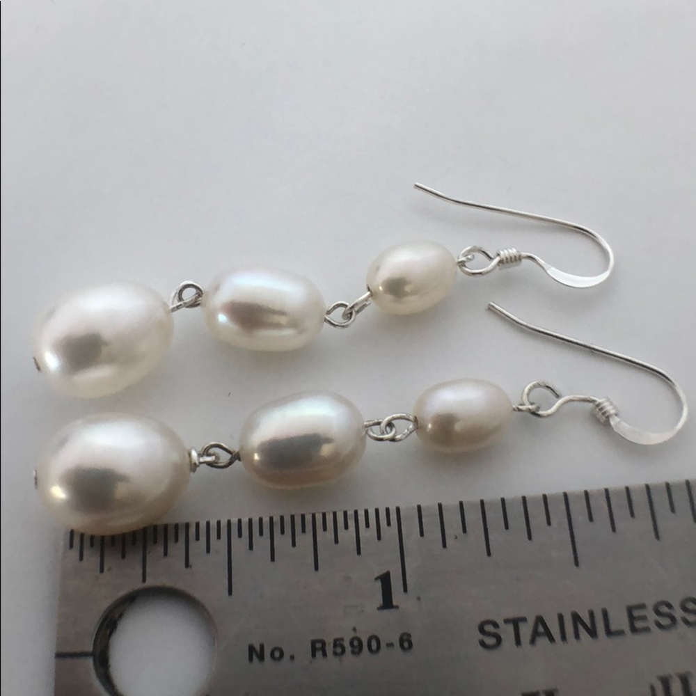 SOLD White Oval AAA Pearl Earrings Sterling Silver - Picture 2 of 6